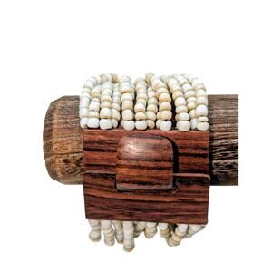 Vintage Gerda Lynggaard Monies Multi-Strand Seed Bead Wood Hook Clasp Bracelet